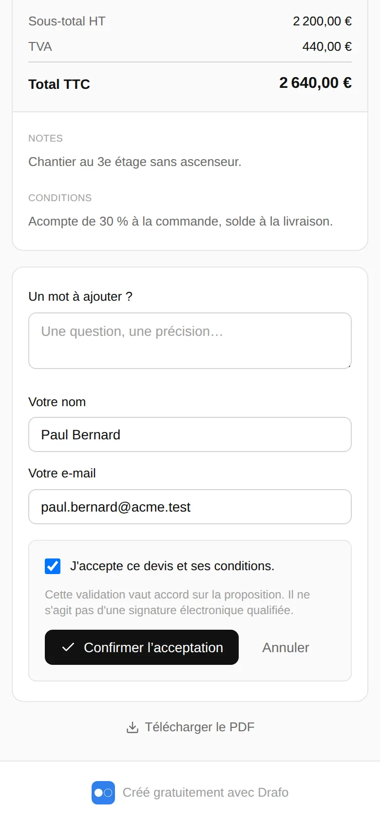 Formulaire d’acceptation sur téléphone : nom, e-mail, case J’accepte ce devis et bouton Confirmer l’acceptation