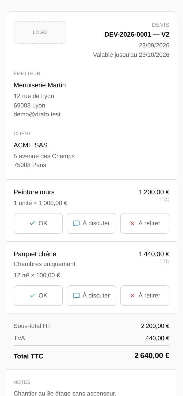 Devis affiché sur un téléphone, avec les boutons OK, À discuter et À retirer sous chaque ligne