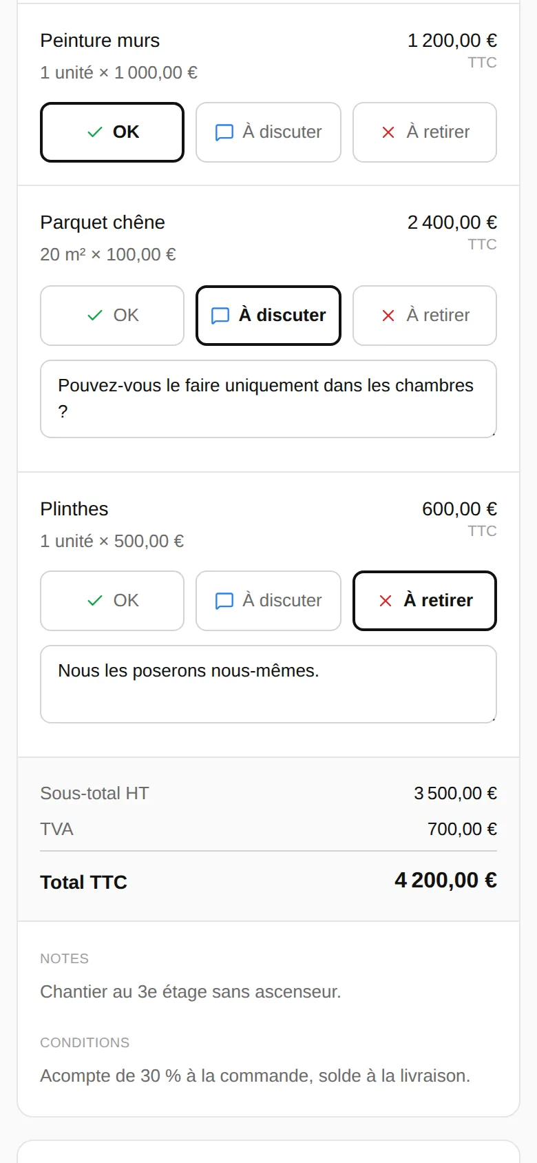 Retours du client : une ligne OK, une ligne à discuter avec un commentaire, une ligne à retirer