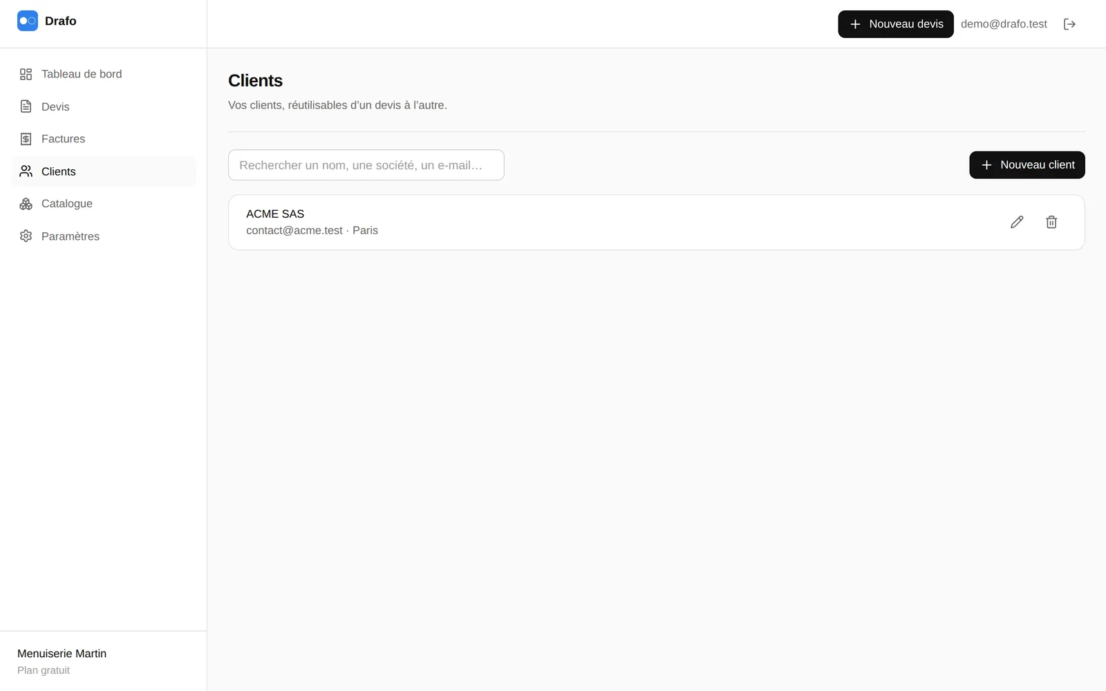 Page Clients avec une barre de recherche, le bouton Nouveau client et la fiche ACME SAS
