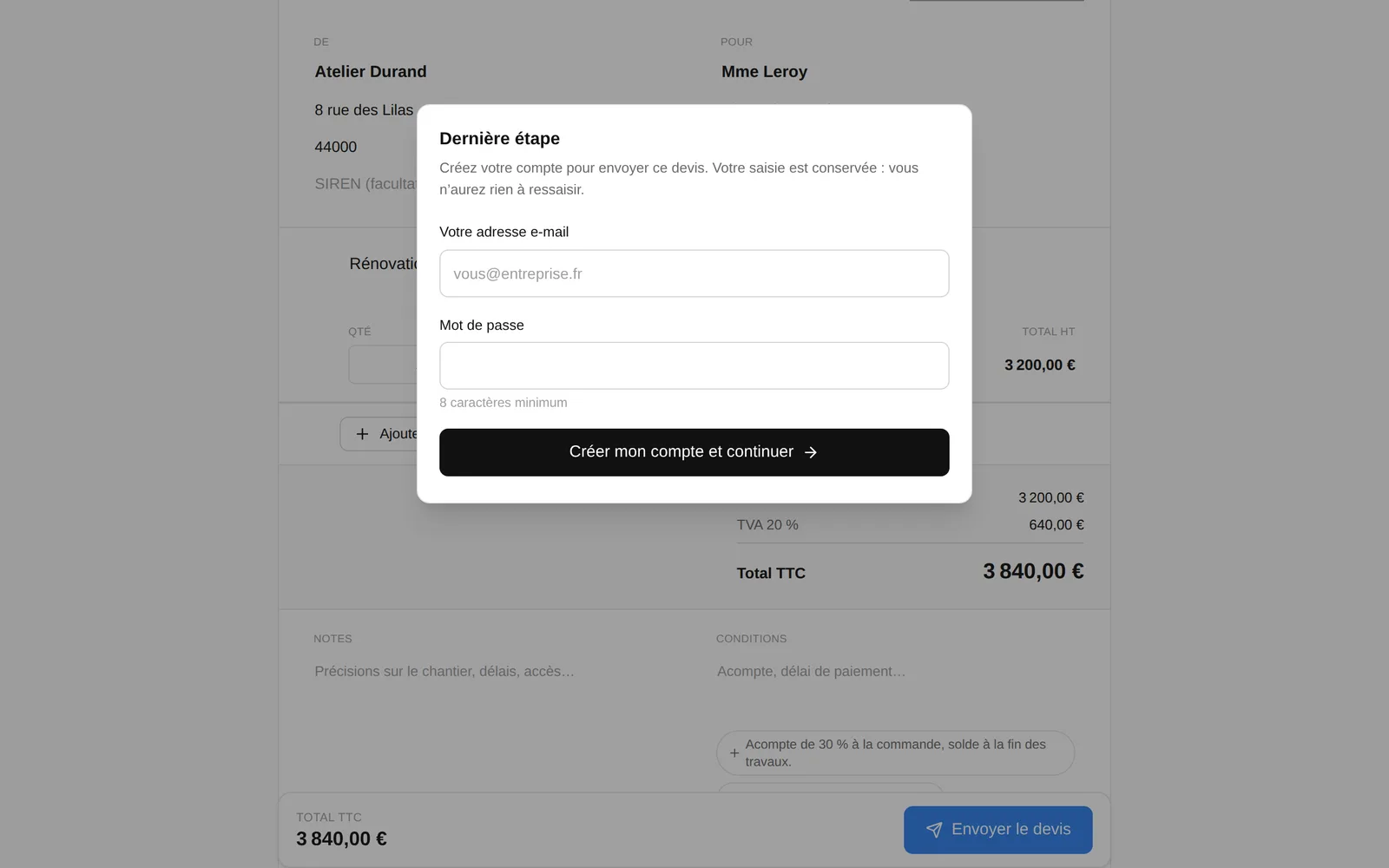 Fenêtre « Dernière étape » : e-mail, mot de passe et bouton Créer mon compte et continuer