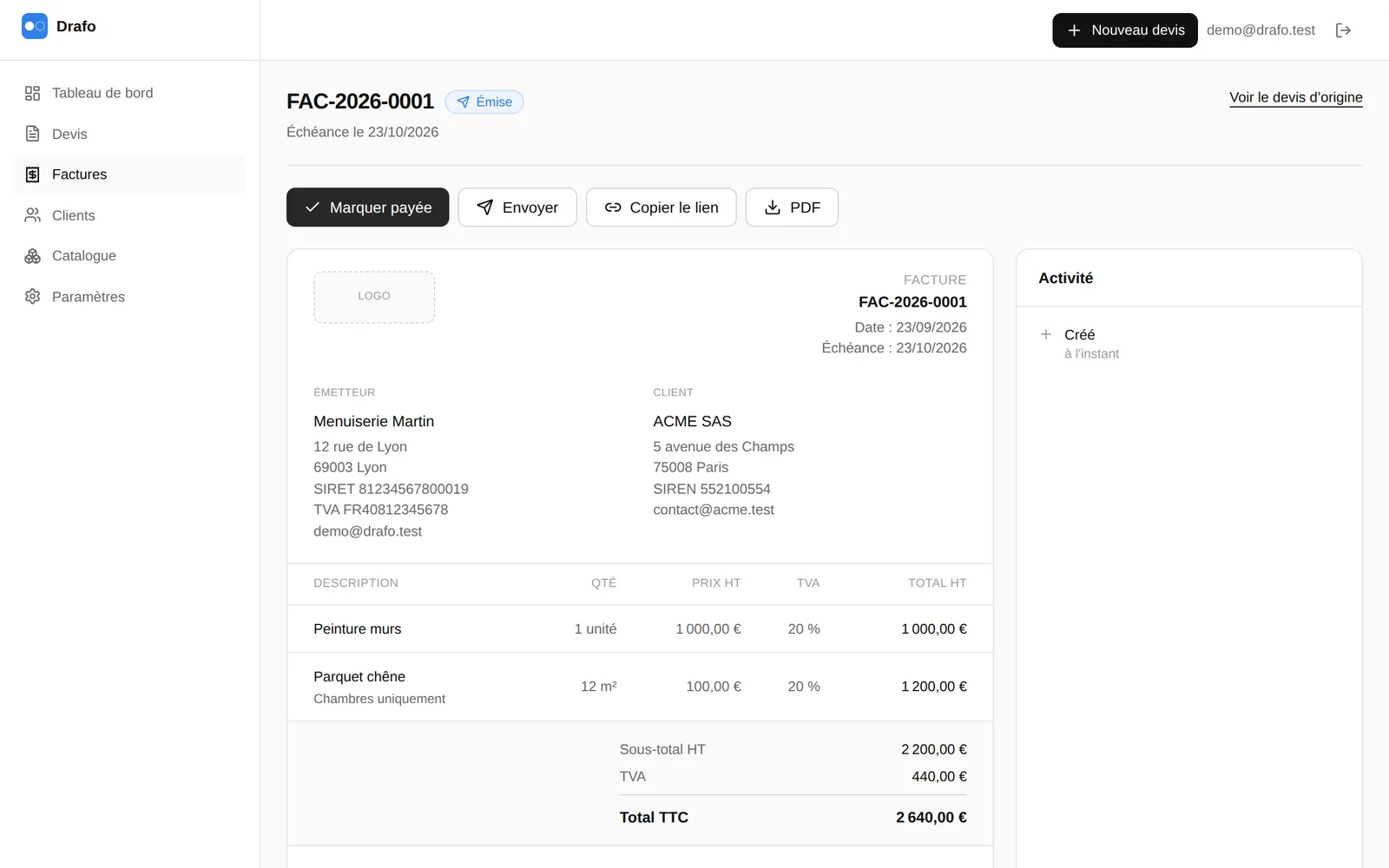 Facture FAC-2026-0001 à l’état Émise, avec les boutons Marquer payée, Envoyer, Copier le lien et PDF
