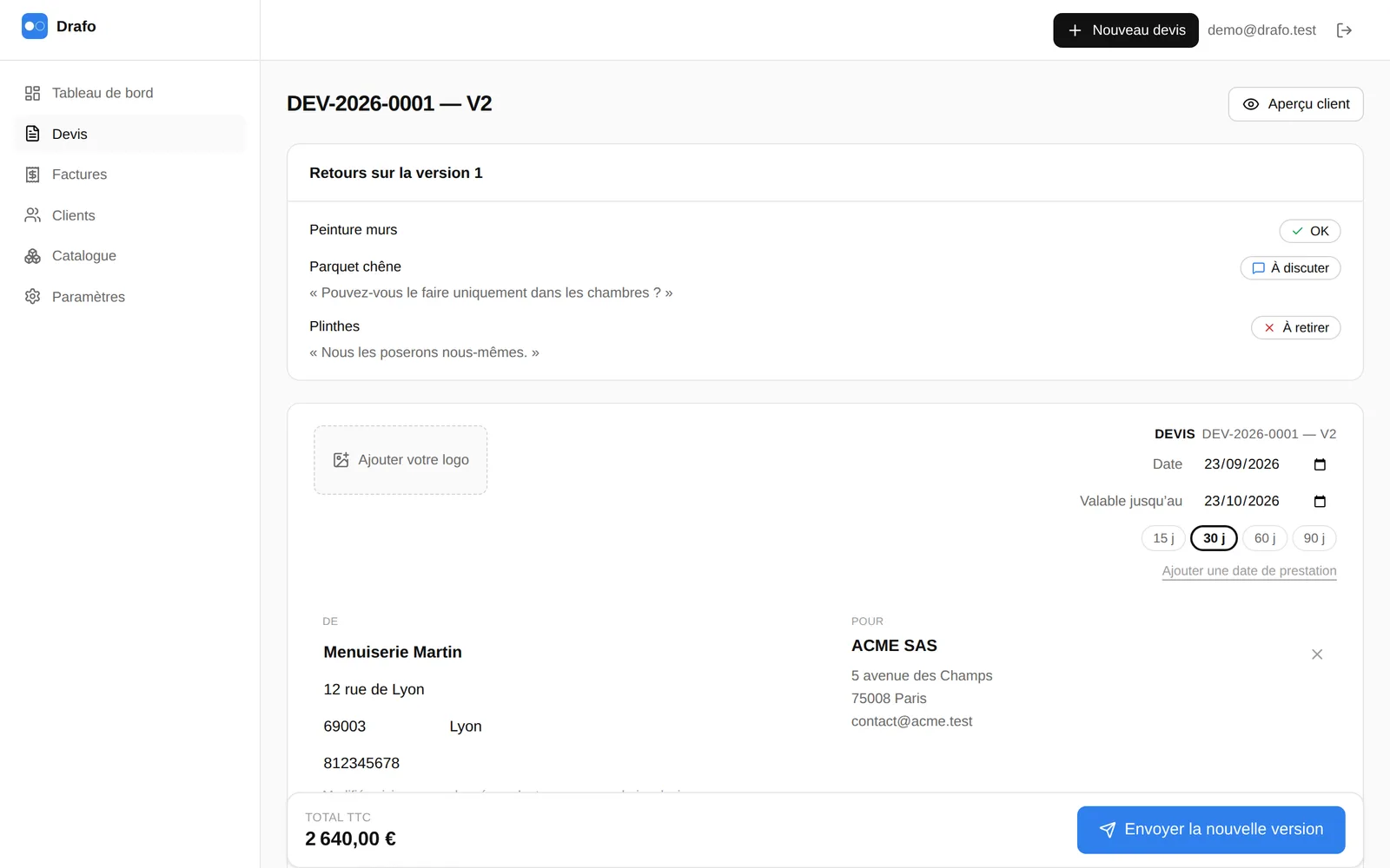 Éditeur de la version 2, avec en haut le rappel des retours sur la version 1