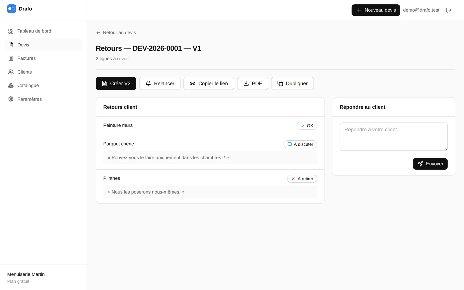 Page Retours : la liste des retours client et le champ Répondre au client